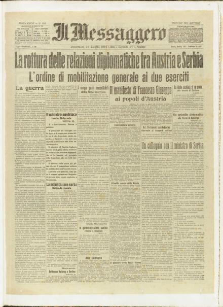 La prima pagina de Il Messaggero del 26 luglio 1914