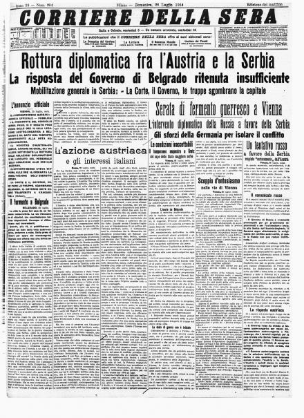 La prima pagina del Corriere della Sera del 26 luglio 1914
