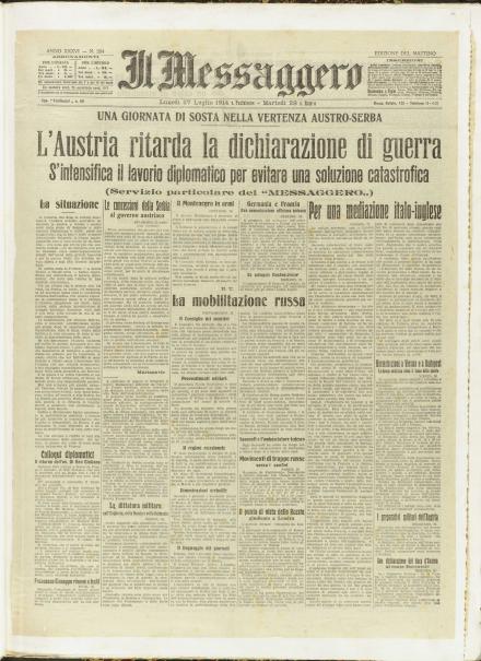 La prima pagina de Il Messaggero del 27 luglio 1914