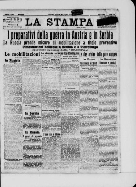 La prima pagina de La Stampa del 27 luglio 1914