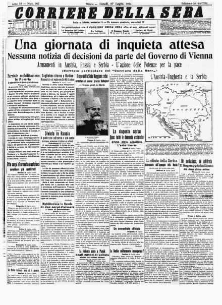 La prima pagina del Corriere della Sera del 27 luglio 1914