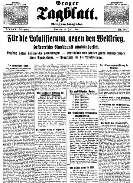 La prima pagina del Prager Tagblatt del 27 luglio 1914