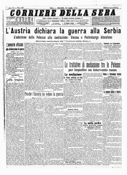 La prima pagina del Corriere della Sera del 29 luglio 1914