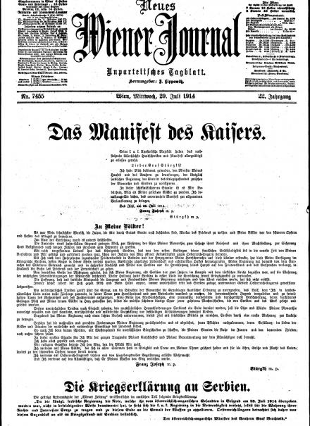 La prima pagina del Neues Wiener Journal del 29 luglio 1914