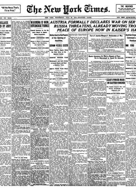 La prima pagina del New York Times del 29 luglio 1914