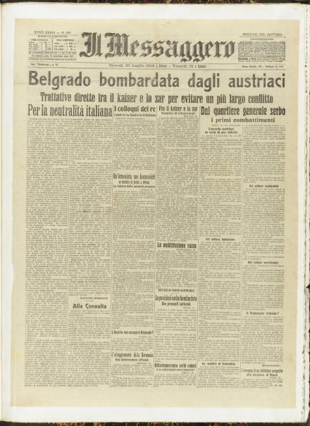 La prima pagina de Il Messaggero del 30 luglio 1914