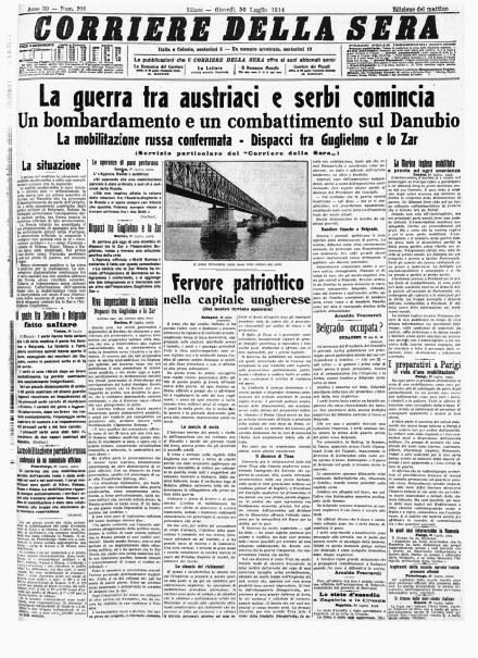 La prima pagina del Corriere della Sera del 30 luglio 1914