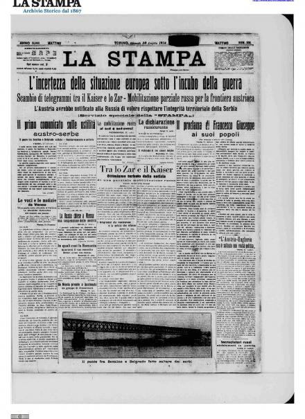 La prima pagina de La Stampa del 30 luglio 1914